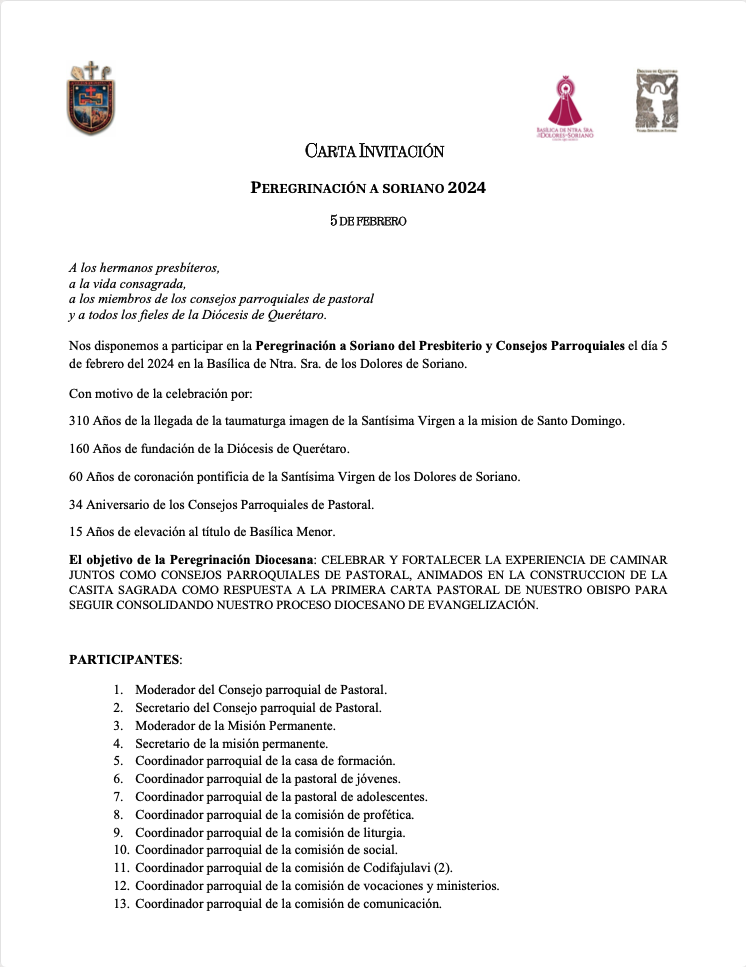 Carta Invitación. Asunto: Peregrinación a Soriano 2024. 1